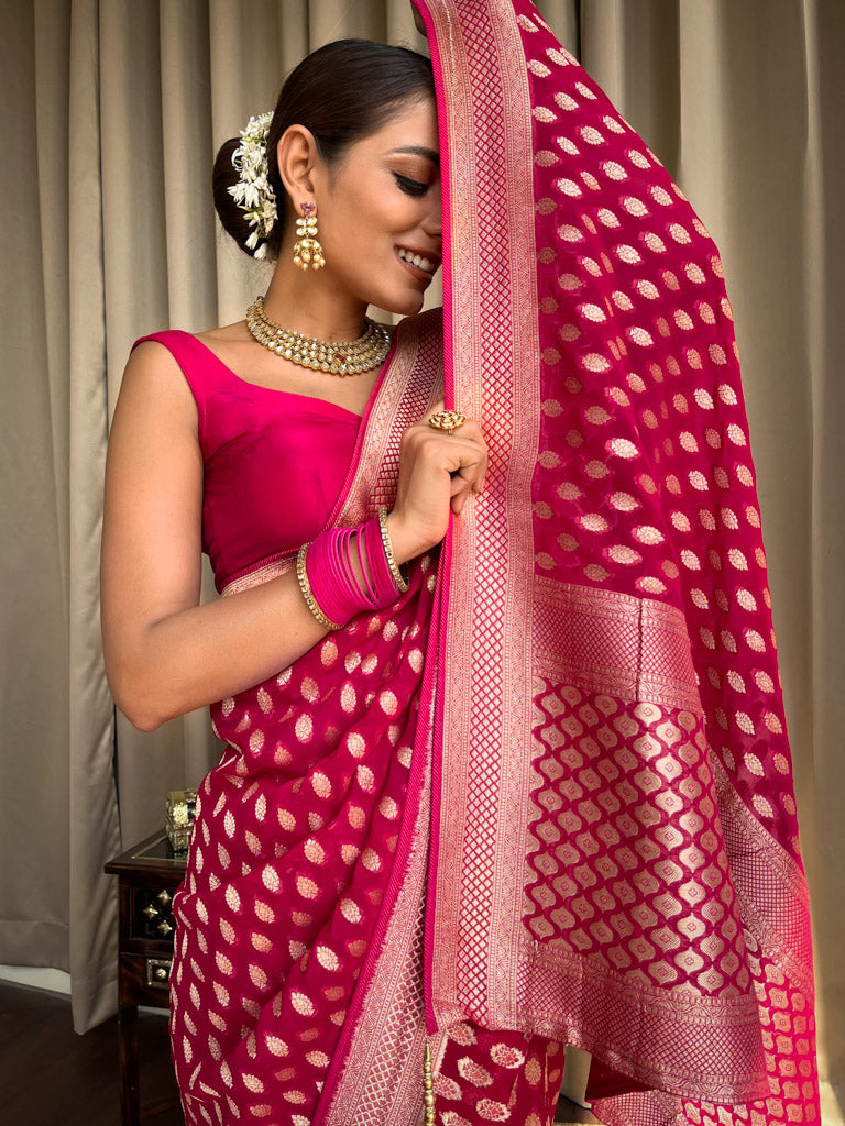 Outstanding Dark Pink Soft Banarasi Silk Saree With Desiring Blouse