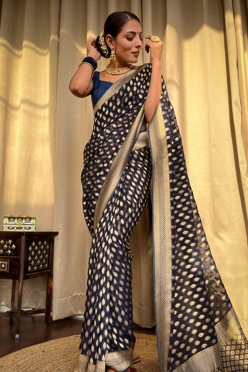 Load image into Gallery viewer, Radiant Navy Blue Soft Banarasi Silk Saree With Flamboyant Blouse
