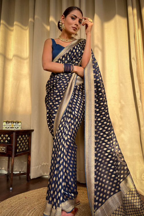 Load image into Gallery viewer, Radiant Navy Blue Soft Banarasi Silk Saree With Flamboyant Blouse
