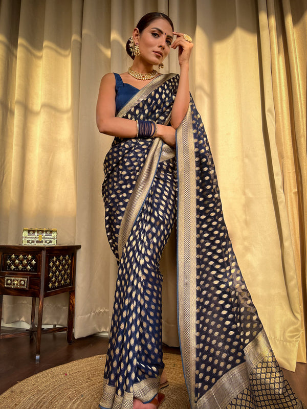 Radiant Navy Blue Soft Banarasi Silk Saree With Flamboyant Blouse