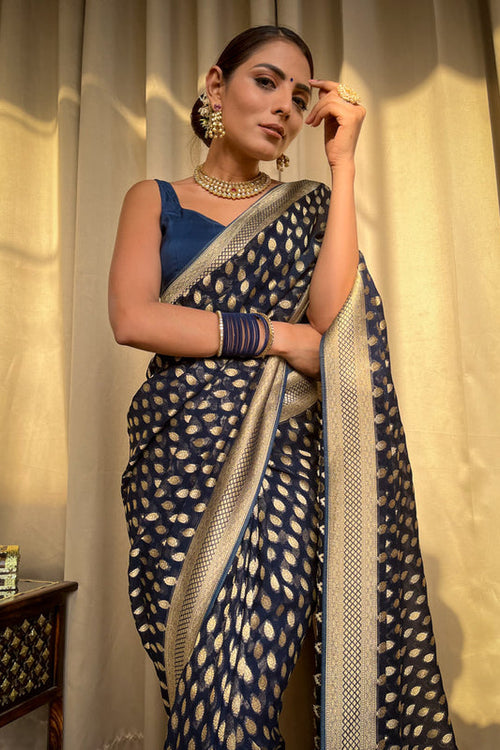 Load image into Gallery viewer, Radiant Navy Blue Soft Banarasi Silk Saree With Flamboyant Blouse
