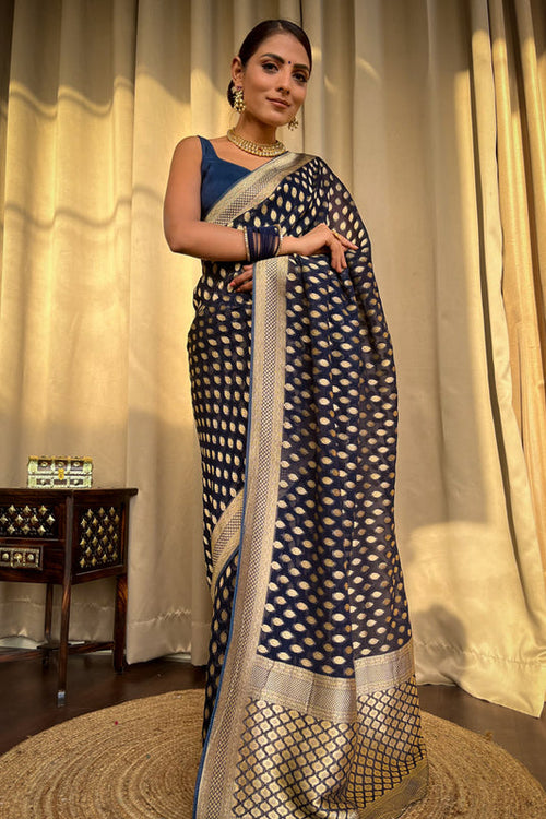 Load image into Gallery viewer, Radiant Navy Blue Soft Banarasi Silk Saree With Flamboyant Blouse
