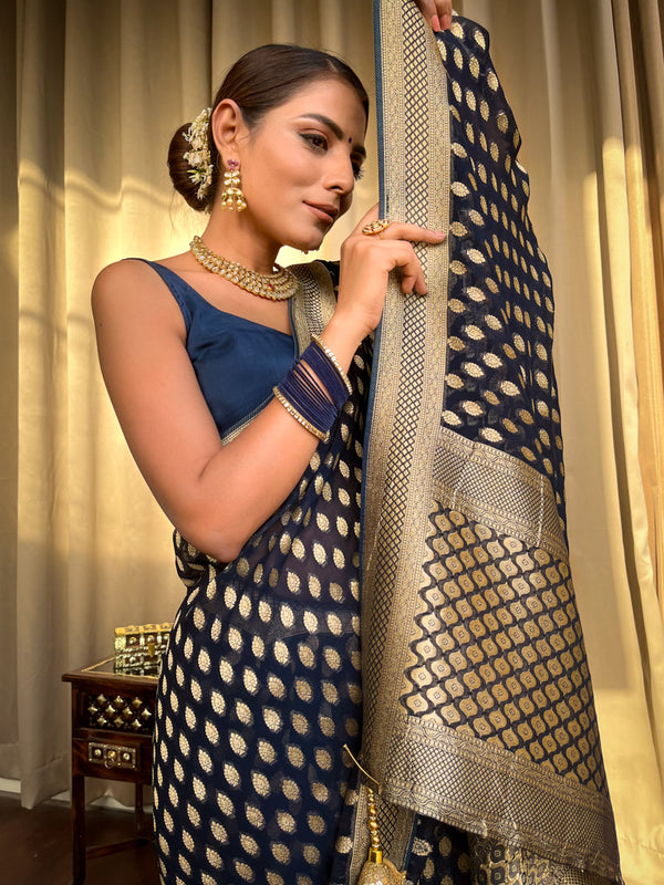 Radiant Navy Blue Soft Banarasi Silk Saree With Flamboyant Blouse