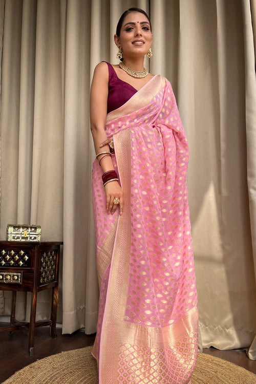 Load image into Gallery viewer, Entrancing Pink Soft Banarasi Silk Saree With Admirable Blouse
