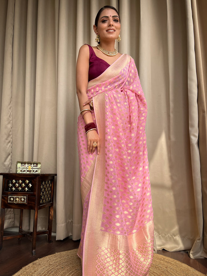 Entrancing Pink Soft Banarasi Silk Saree With Admirable Blouse