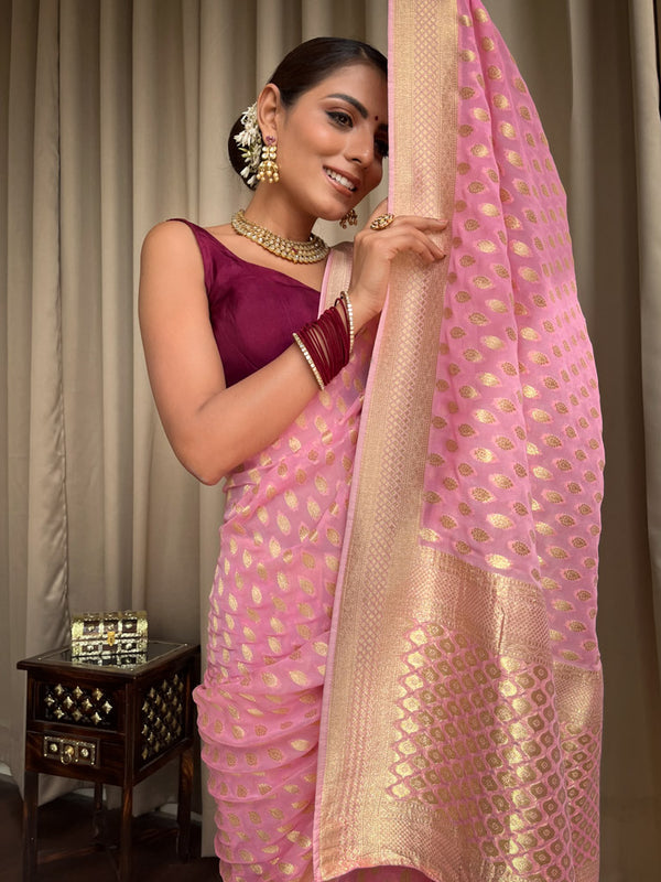 Entrancing Pink Soft Banarasi Silk Saree With Admirable Blouse