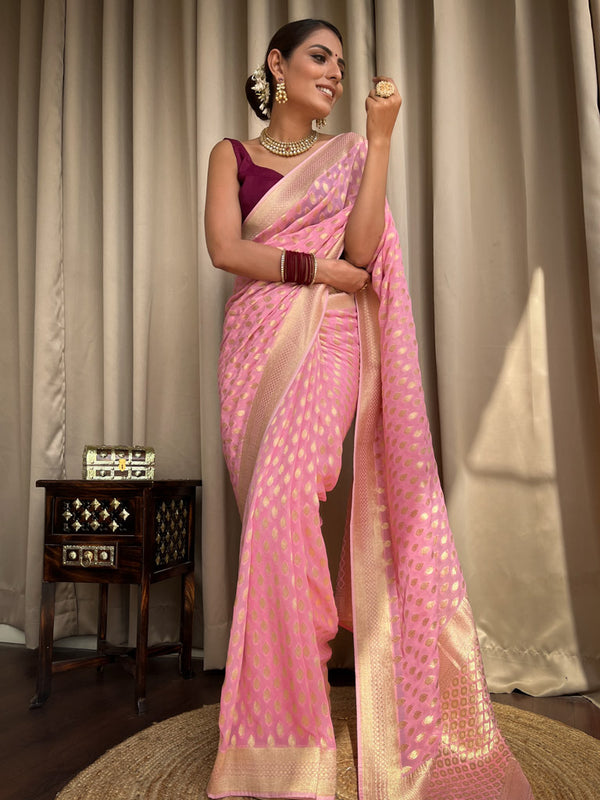 Entrancing Pink Soft Banarasi Silk Saree With Admirable Blouse