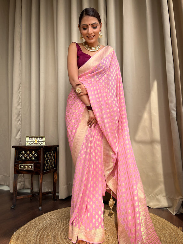 Entrancing Pink Soft Banarasi Silk Saree With Admirable Blouse