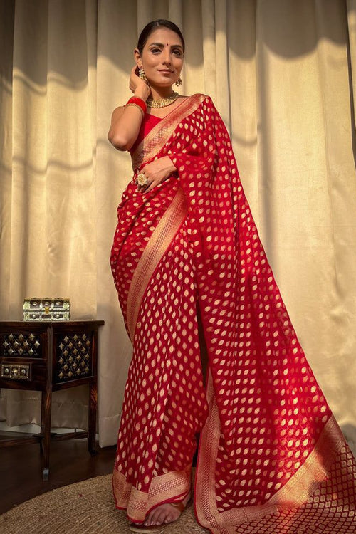 Load image into Gallery viewer, Bucolic Red Soft Banarasi Silk Saree With Dalliance Blouse
