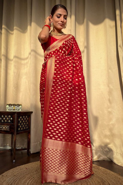 Load image into Gallery viewer, Bucolic Red Soft Banarasi Silk Saree With Dalliance Blouse
