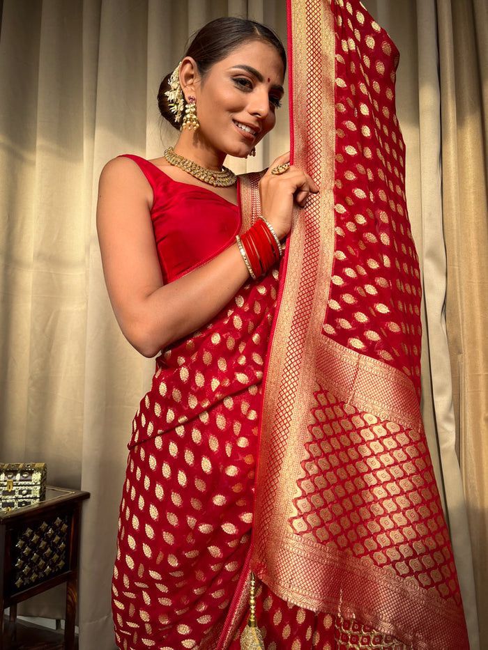 Bucolic Red Soft Banarasi Silk Saree With Dalliance Blouse