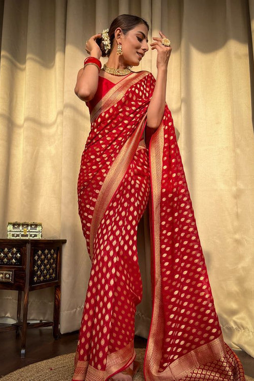 Load image into Gallery viewer, Bucolic Red Soft Banarasi Silk Saree With Dalliance Blouse
