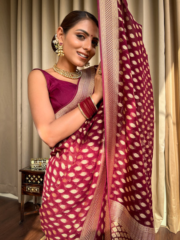 Vestigial Wine Soft Banarasi Silk Saree With Embrocation Blouse