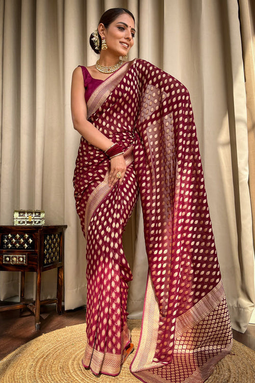 Load image into Gallery viewer, Vestigial Wine Soft Banarasi Silk Saree With Embrocation Blouse
