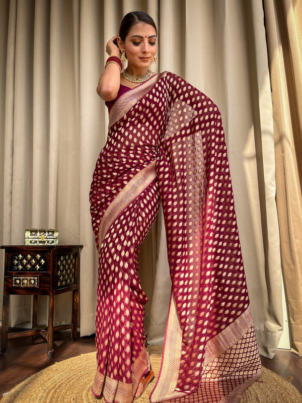 Vestigial Wine Soft Banarasi Silk Saree With Embrocation Blouse