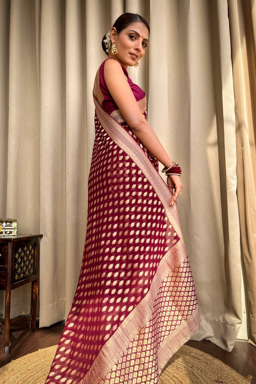 Load image into Gallery viewer, Vestigial Wine Soft Banarasi Silk Saree With Embrocation Blouse
