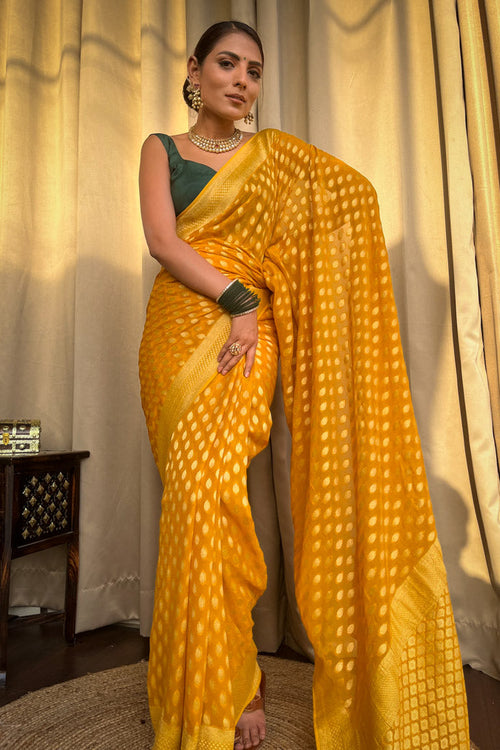 Load image into Gallery viewer, Nemesis Yellow Soft Banarasi Silk Saree With Ratatouille Blouse
