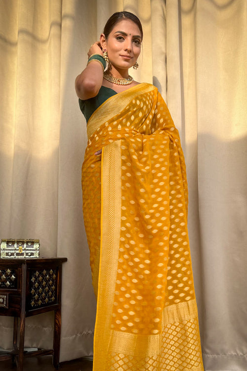 Load image into Gallery viewer, Nemesis Yellow Soft Banarasi Silk Saree With Ratatouille Blouse
