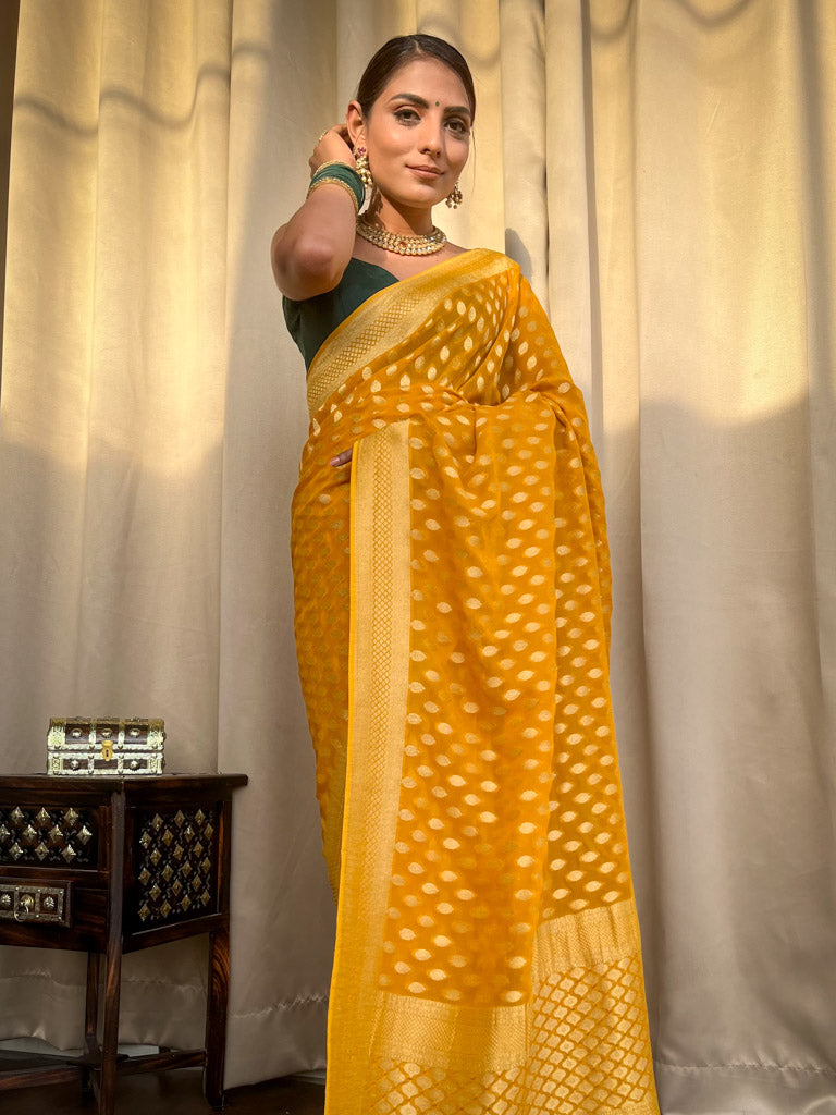 Nemesis Yellow Soft Banarasi Silk Saree With Ratatouille Blouse