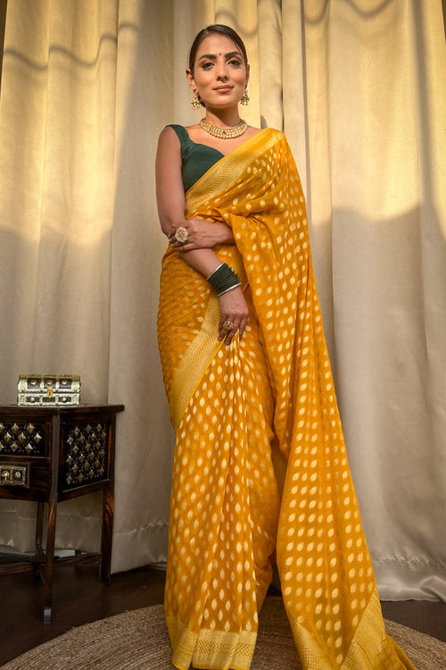 Load image into Gallery viewer, Nemesis Yellow Soft Banarasi Silk Saree With Ratatouille Blouse
