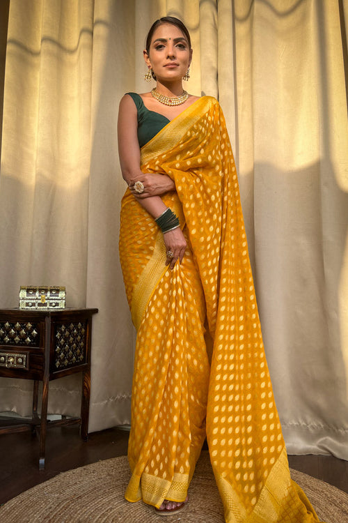 Load image into Gallery viewer, Nemesis Yellow Soft Banarasi Silk Saree With Ratatouille Blouse
