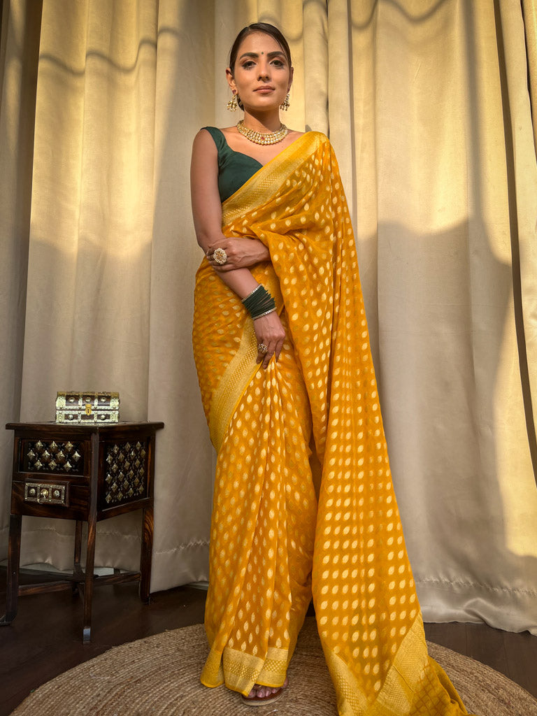 Nemesis Yellow Soft Banarasi Silk Saree With Ratatouille Blouse