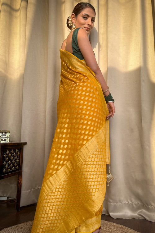 Load image into Gallery viewer, Nemesis Yellow Soft Banarasi Silk Saree With Ratatouille Blouse
