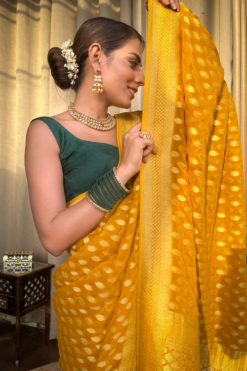 Load image into Gallery viewer, Nemesis Yellow Soft Banarasi Silk Saree With Ratatouille Blouse
