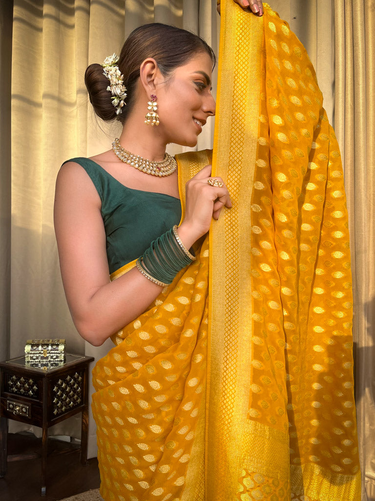 Nemesis Yellow Soft Banarasi Silk Saree With Ratatouille Blouse