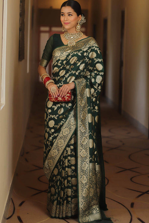 Load image into Gallery viewer, Adorable Dark Green Soft Silk Saree With Blissful Blouse Piece
