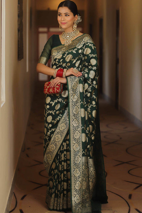 Load image into Gallery viewer, Adorable Dark Green Soft Silk Saree With Blissful Blouse Piece
