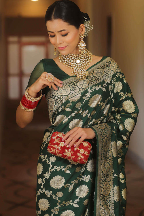 Load image into Gallery viewer, Adorable Dark Green Soft Silk Saree With Blissful Blouse Piece
