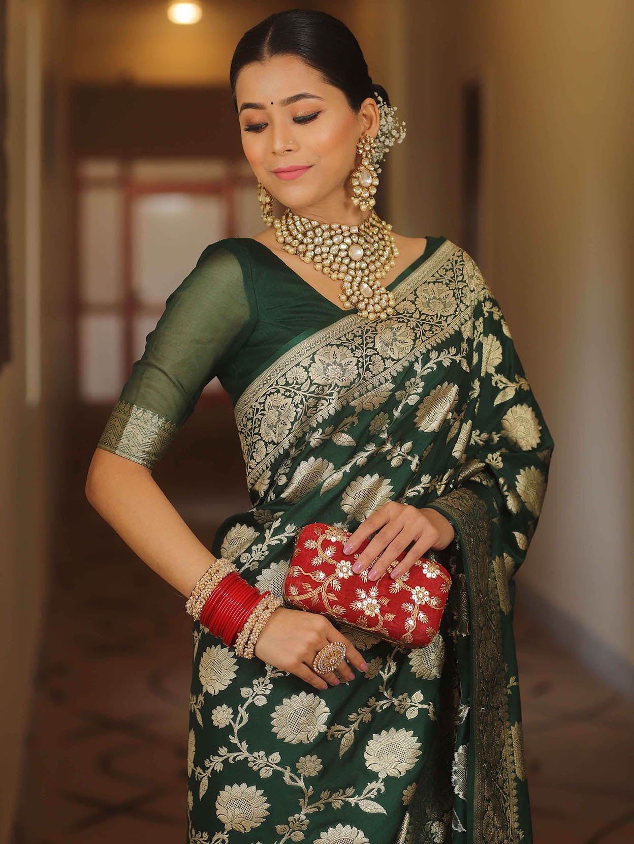 Adorable Dark Green Soft Silk Saree With Blissful Blouse Piece