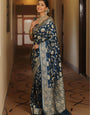 Desultory Navy Blue Soft Silk Saree With Lissome Blouse Piece