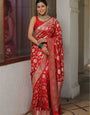 Sumptuous Red Soft Silk Saree With Symmetrical Blouse Piece