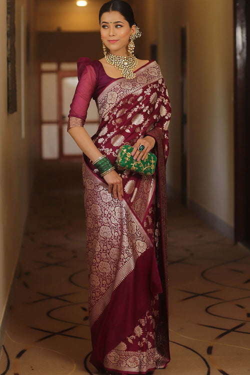 Load image into Gallery viewer, Enamoring Wine Soft Silk Saree With Eclat Blouse Piece
