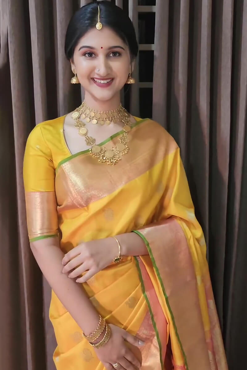 Amazing Yellow Soft Silk Saree With Surpassing Blouse Piece