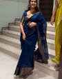 Demure Navy Blue Cotton Silk Saree With Glamorous Blouse Piece