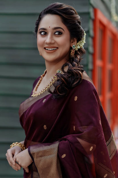 Gleaming Wine Cotton Silk Saree With Serendipity Blouse Piece