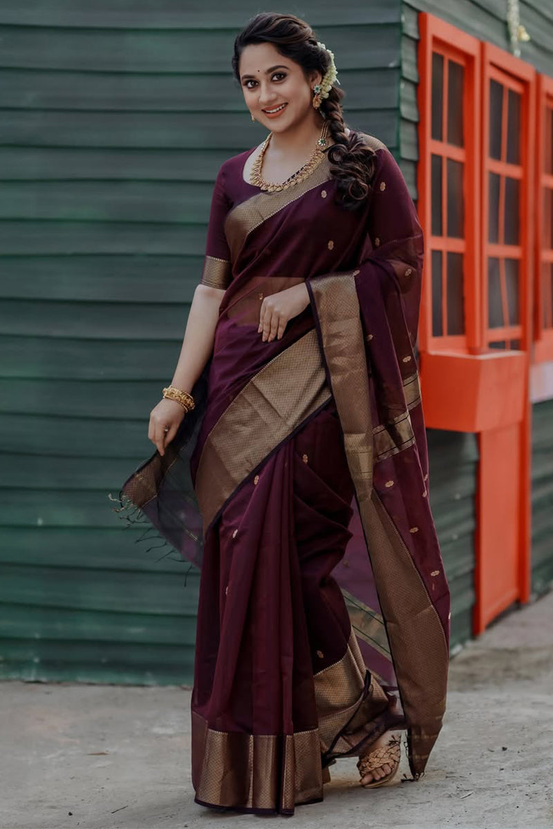 Gleaming Wine Cotton Silk Saree With Serendipity Blouse Piece
