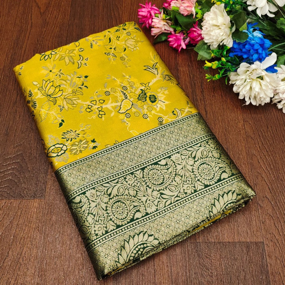 Desiring Yellow Soft Silk Saree With Blissful Blouse Piece