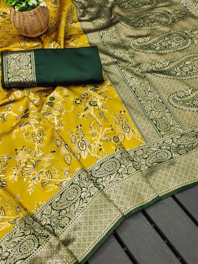 Desiring Yellow Soft Silk Saree With Blissful Blouse Piece