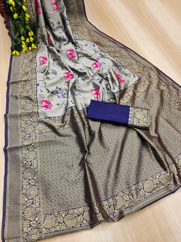 Innovative Grey Soft Silk Saree With Alluring Blouse Piece