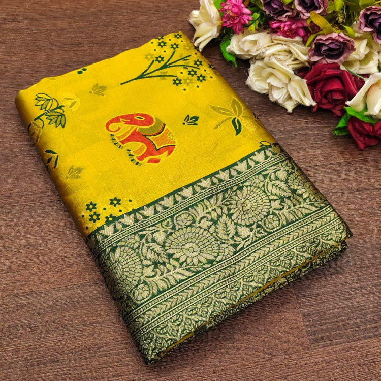 Flamboyant Yellow Soft Silk Saree With Twirling Blouse Piece