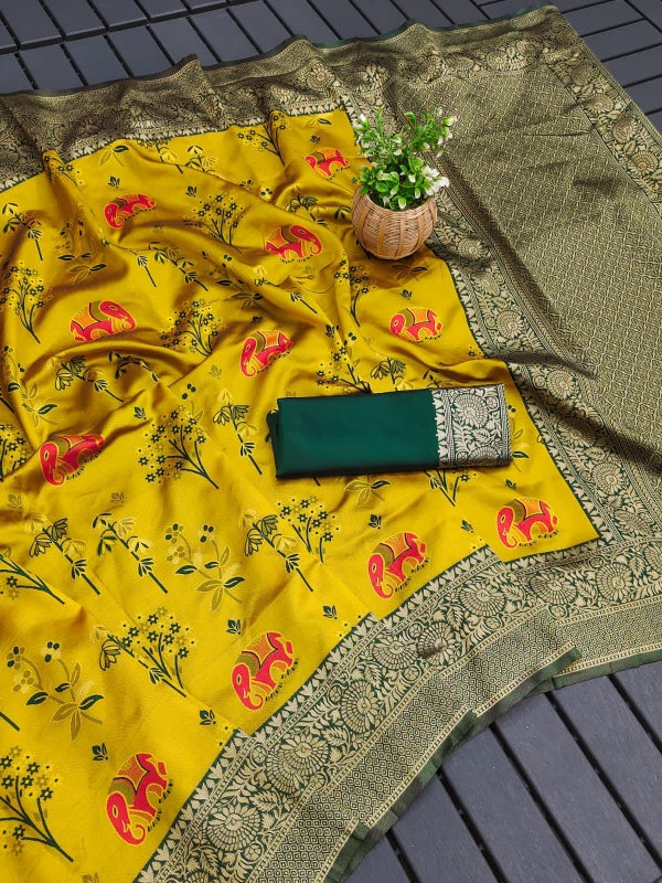 Flamboyant Yellow Soft Silk Saree With Twirling Blouse Piece