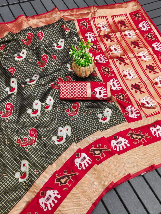 Conflate Black and Red Soft Silk Saree With Adoring Blouse Piece