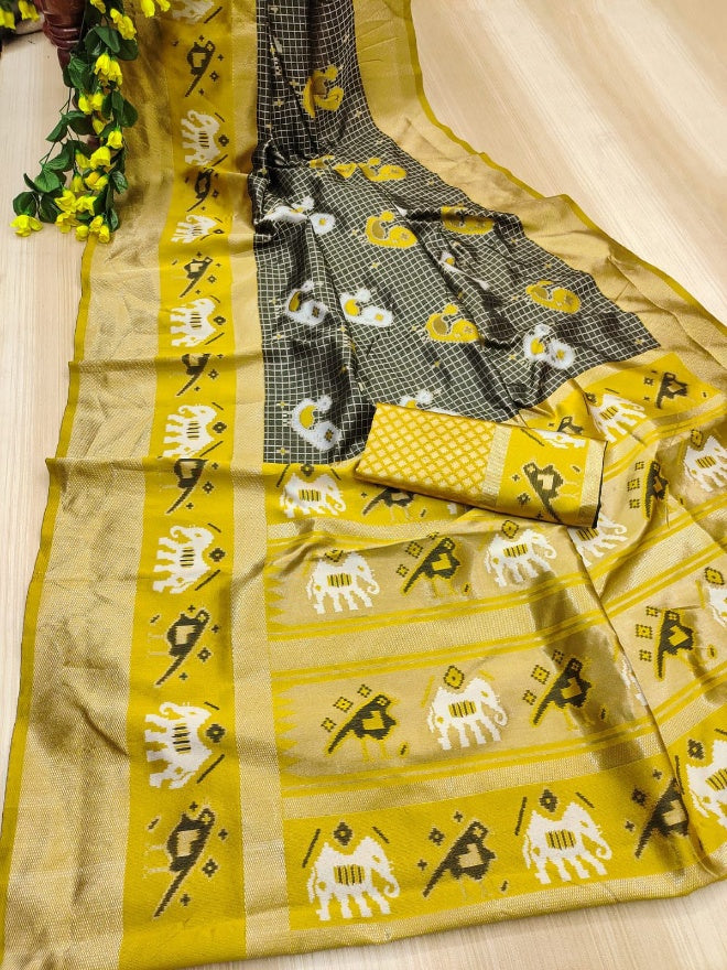 Majesty Black and Yellow Soft Silk Saree With Ravishing Blouse Piece