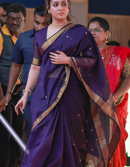 Bollywood Style Purple Cotton Silk Saree With Majestic Blouse Piece