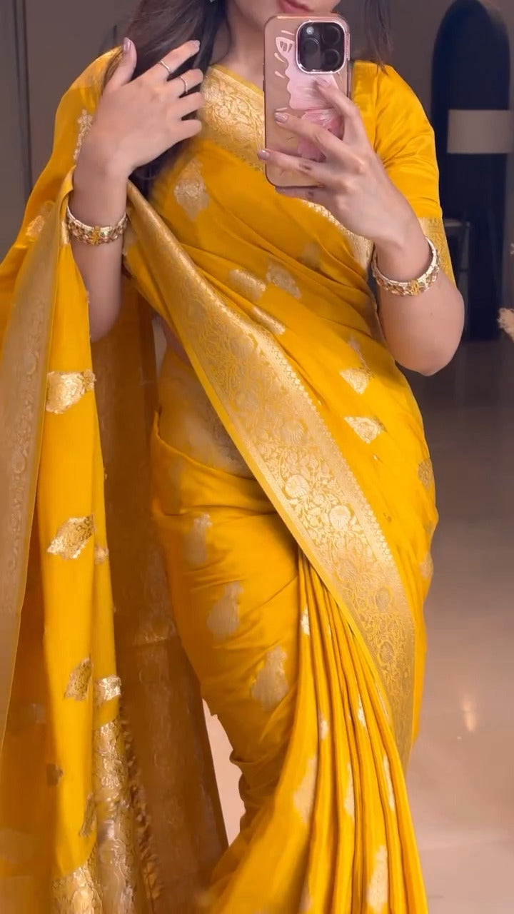 Extraordinary Yellow Soft Silk Saree With Glowing Blouse Piece