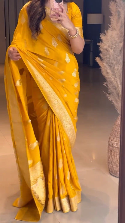 Extraordinary Yellow Soft Silk Saree With Glowing Blouse Piece